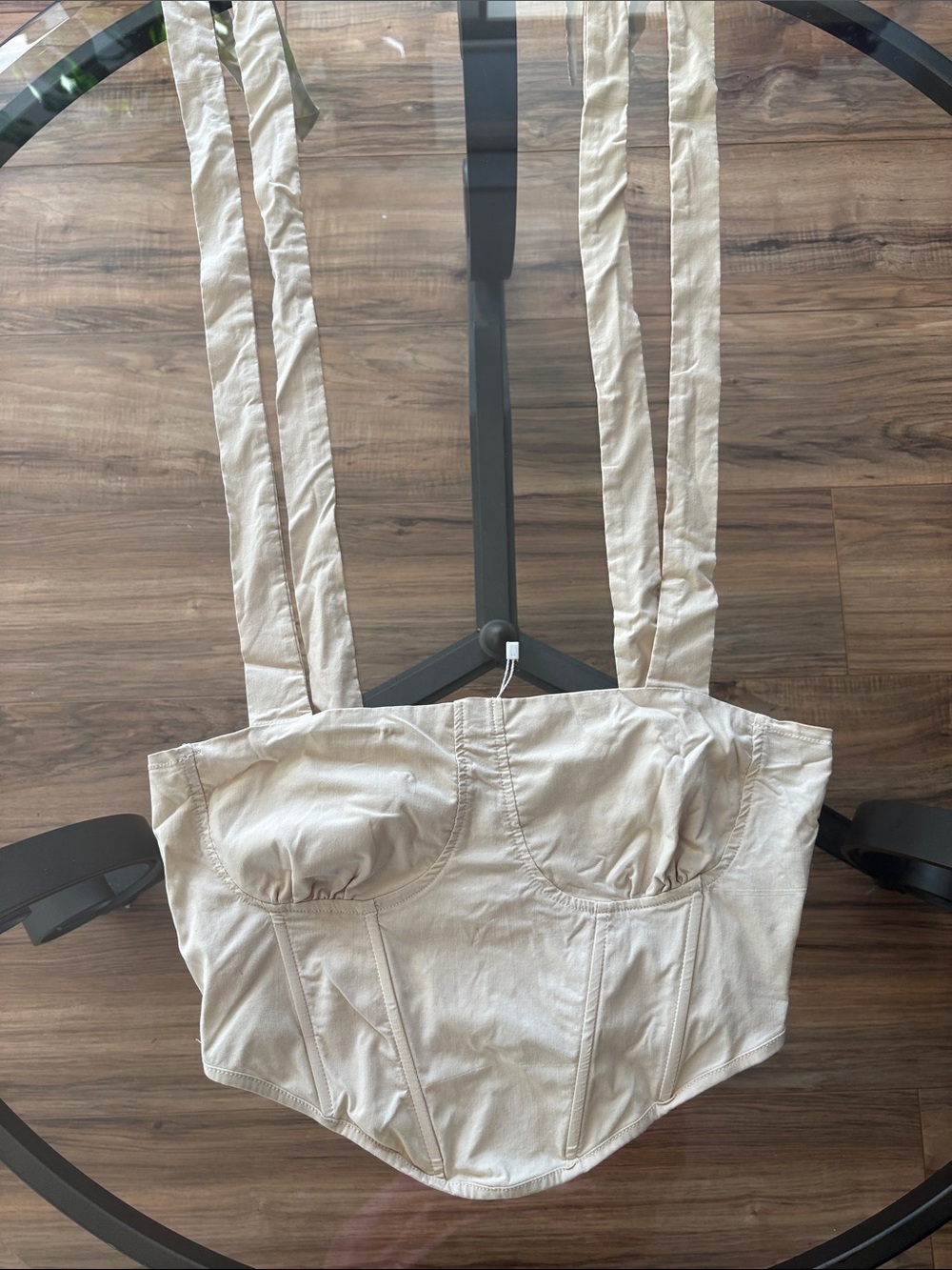 Beige Corset-Style Bustier Top with Wide Straps